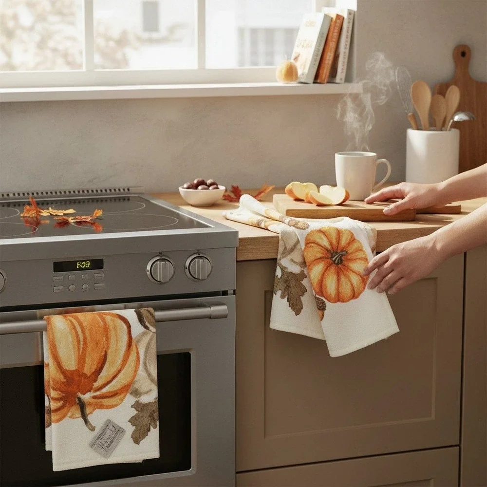 Haymarket Square Kitchen Towels Set of 2 OS Orange Cream New Pumpkin Fall Decor
